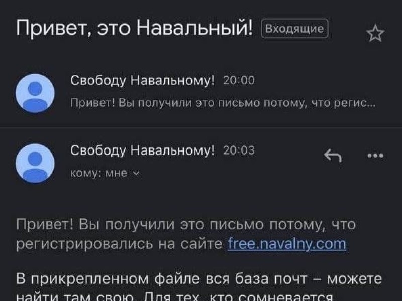 База почтовых адресов, оставленных на сайте кампании за Навального, утекла в Сеть